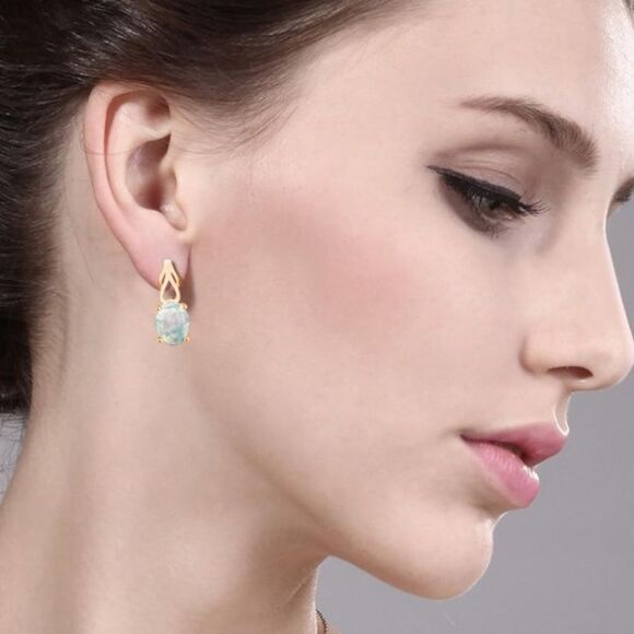 18K Yellow Gold 925 with 1.20 Cttw White Opal Oval Post Back Drop Earrings - Picture 3 of 4